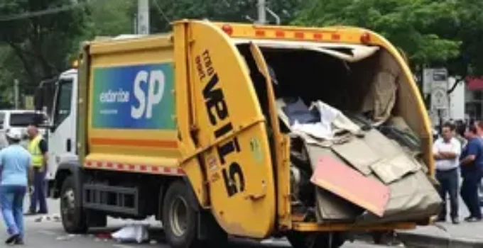 Caminhão de lixo bate contra muro no Centro de SP