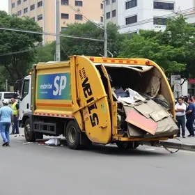 Caminhão de lixo bate contra muro no Centro de SP